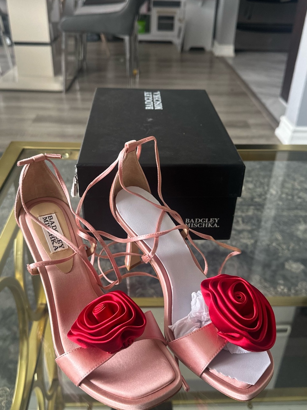 Badgley Mischka Blush Pink Satin Lace-Up Heels with Red Rose Accent